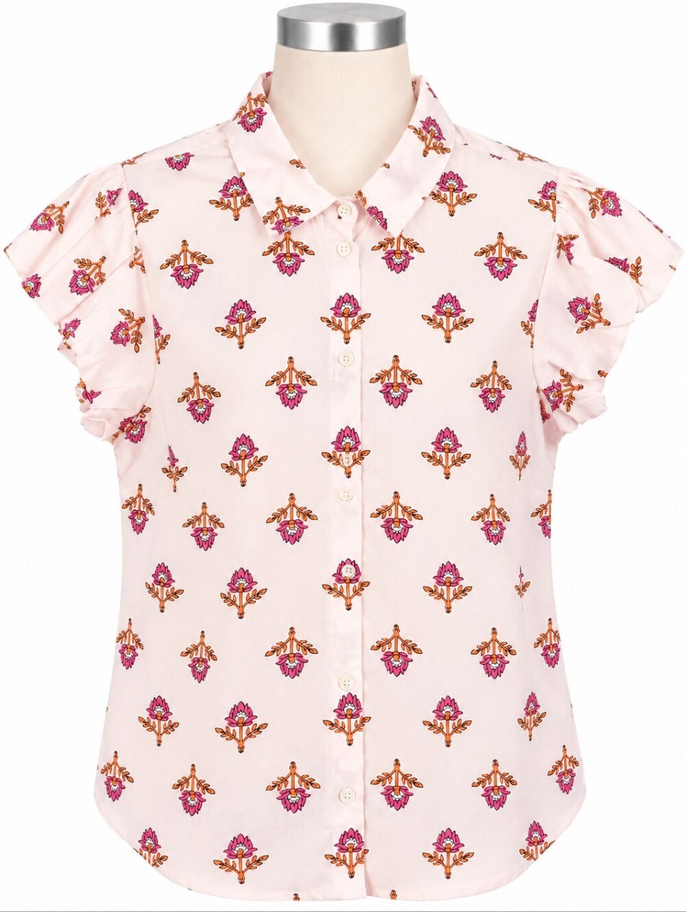 NWT J.Crew Factory Pink Opal Block Print Puff-Sleeve Button-Up Top Blouse Sz S